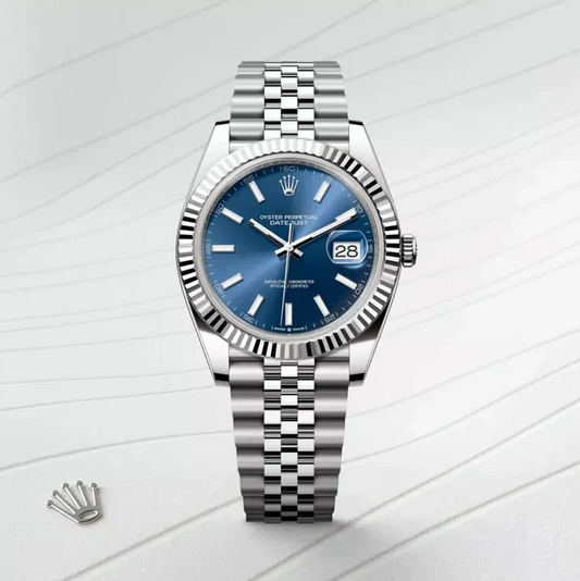 Luxury Imperial Blue Automatic Watch: 18k White Gold Bezel, Sunburst Dial, Jubilee Band