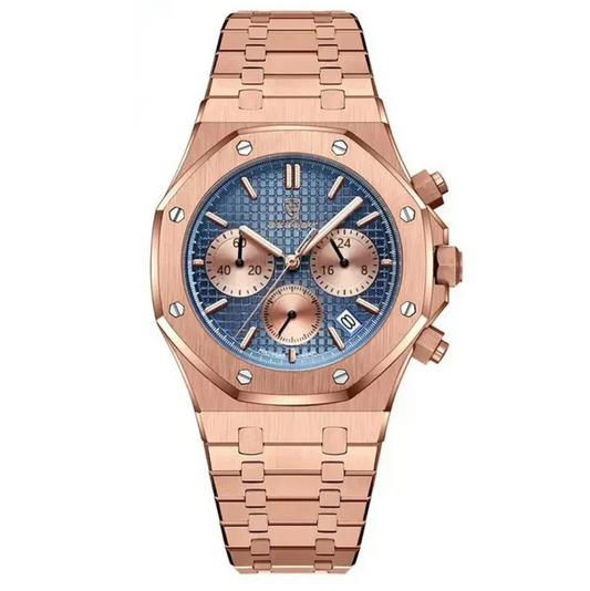 Luxurious Rose Gold Chronograph Watch: 18K Solid, Automatic Tapisserie Dial